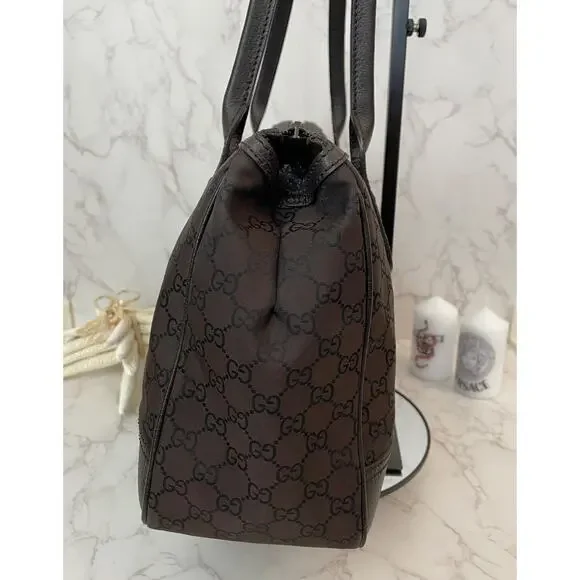GUCCI Princy Sherry Line GG Canvas Brown Leather Trim Handbag, Dust Bag EUC - Picture 7 of 14